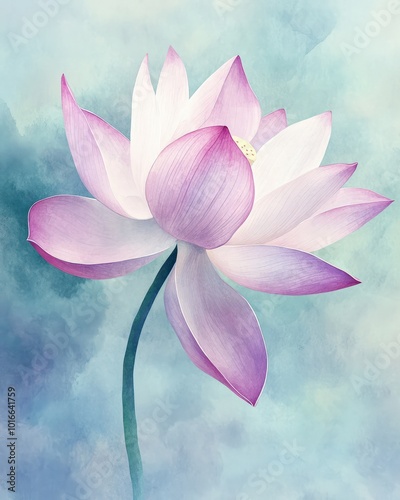 A delicate watercolor painting of a lotus flower with soft pink and purple petals, gently blending into one another, set against a light blue background, creating a serene and calming effect