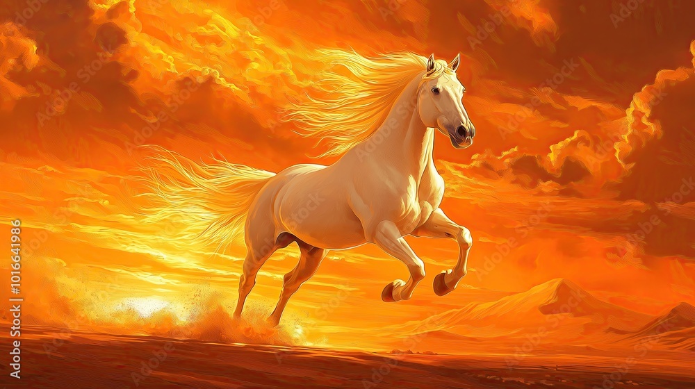 White horse running through sunset-lit landscape. White horse running through sunset-lit landscape.