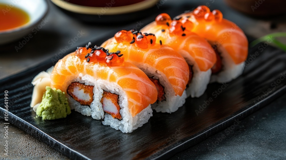 Sliced trout sushi pieces displayed with soy sauce and pickled ginger, on a minimalist black plate. Sliced trout sushi pieces displayed with soy sauce and pickled ginger, on a minimalist black plate.