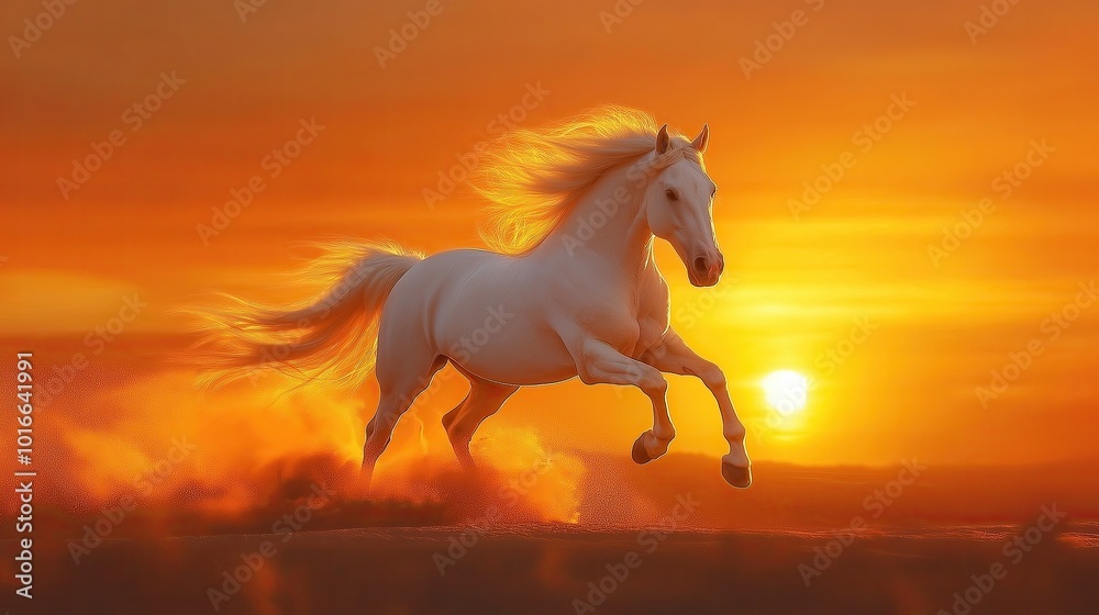 White horse galloping on a scenic sunset. White horse galloping on a scenic sunset.