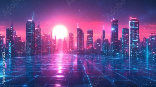 Futuristic cyber inspired gaming backdrop featuring a vibrant neon lit cityscape with digital glitches skyscrapers and a reflective urban landscape