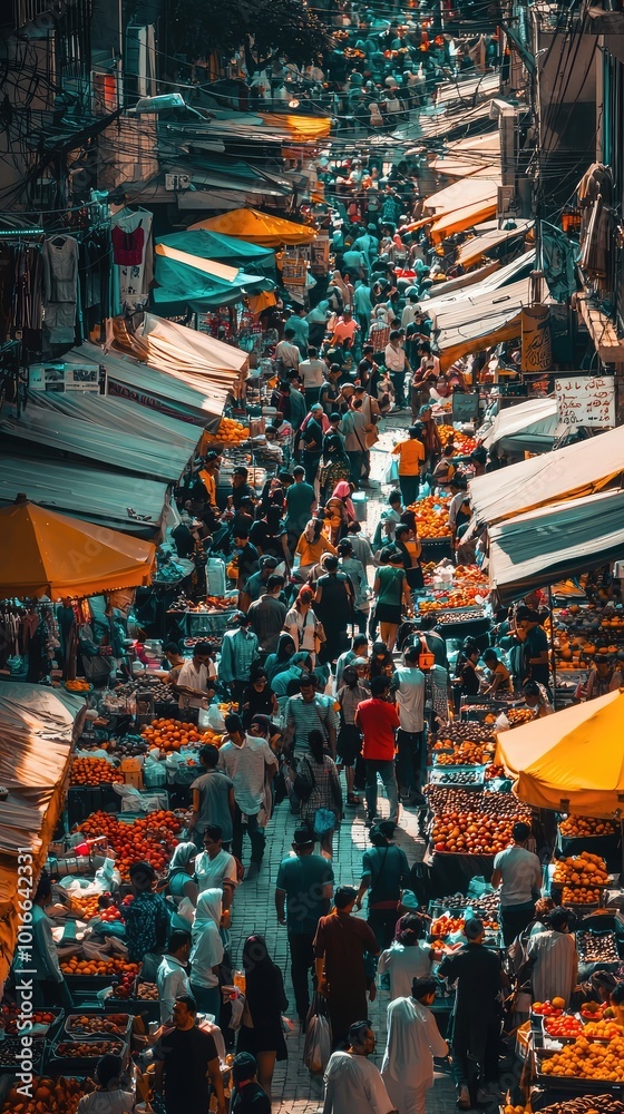 A lively market scene bustling with people and colorful stalls filled with fruits and goods under vibrant umbrellas. A lively market scene bustling with people and colorful stalls filled with fruits and goods under vibrant umbrellas.