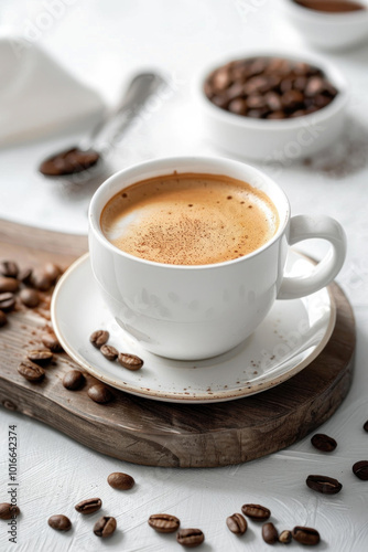 A cup of coffee surrounded by coffee beans on a wooden board.