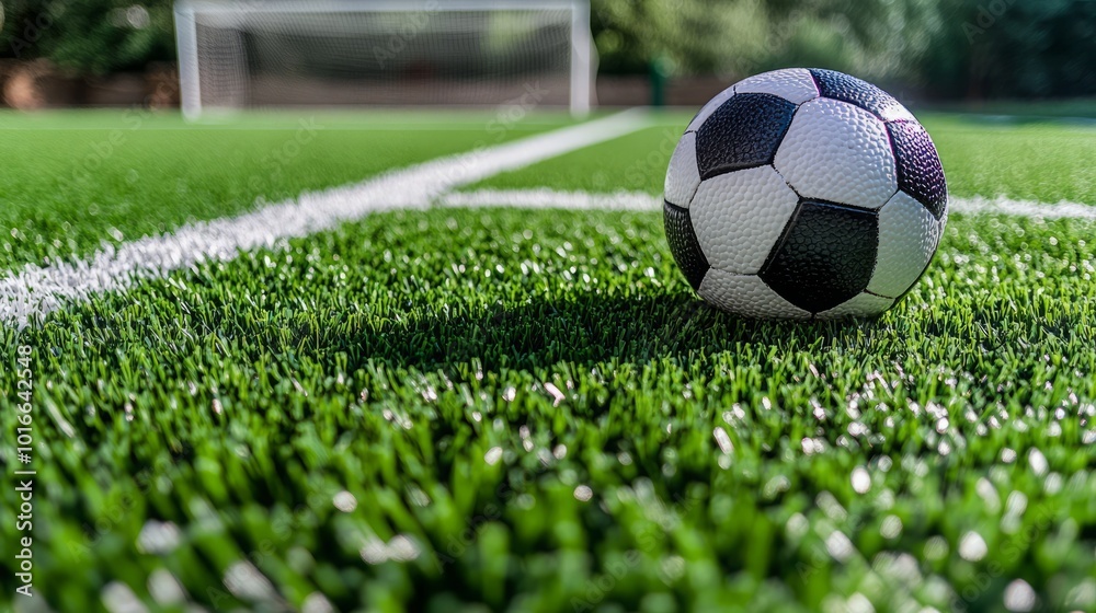 A soccer ball resting on artificial grass near a goalpost. A soccer ball resting on artificial grass near a goalpost.