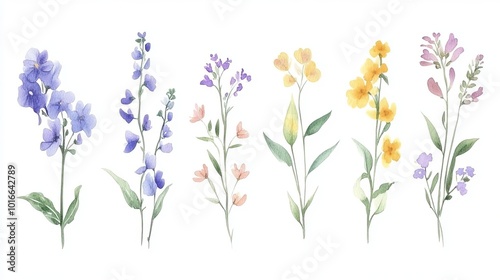 A watercolor illustration of various colorful flowers.