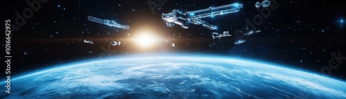 Wallpaper Mural A stunning view of Earth from space with a vibrant sunrise and futuristic spacecraft in orbit, capturing the essence of exploration. Torontodigital.ca