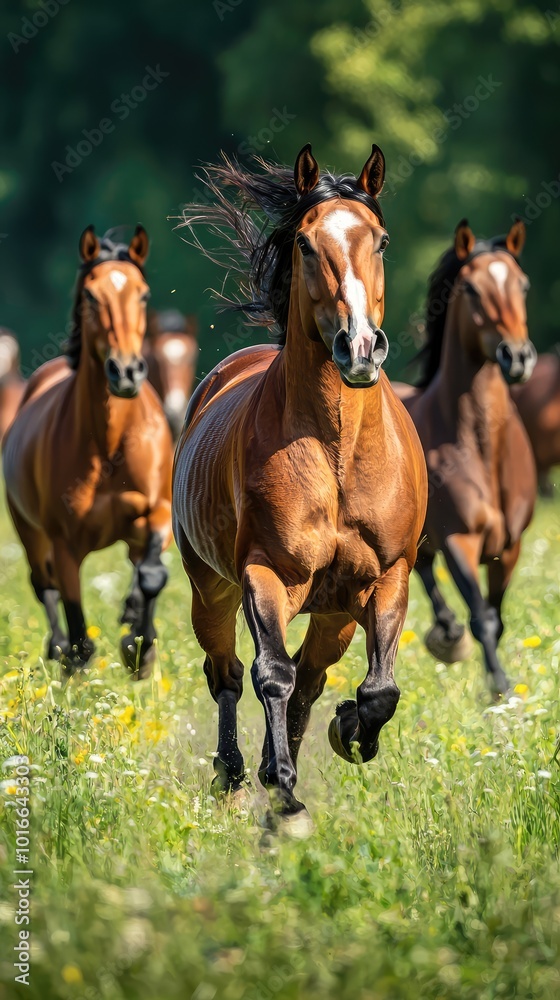 Obraz premium A majestic group of horses running freely across a vibrant green meadow, showcasing their strength and grace in a natural setting.