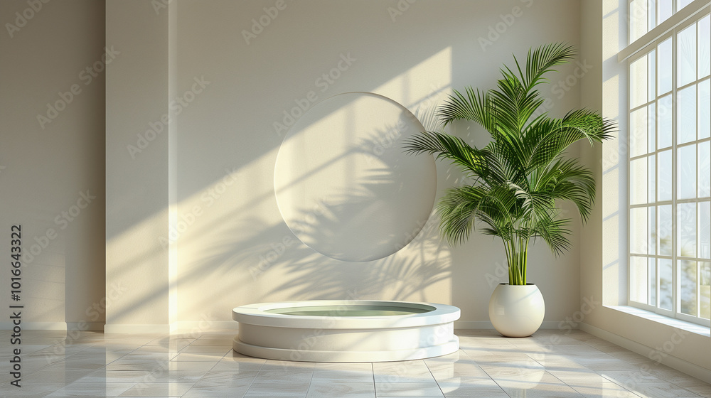 Minimalist Sunlit Room with Indoor Palm and Round Water Feature.. Minimalist Sunlit Room with Indoor Palm and Round Water Feature..
