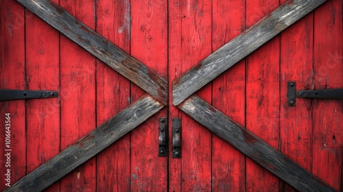 A stunning view of a red barn door with intricate woodwork and weathered paint creating a rustic, detailed image.
