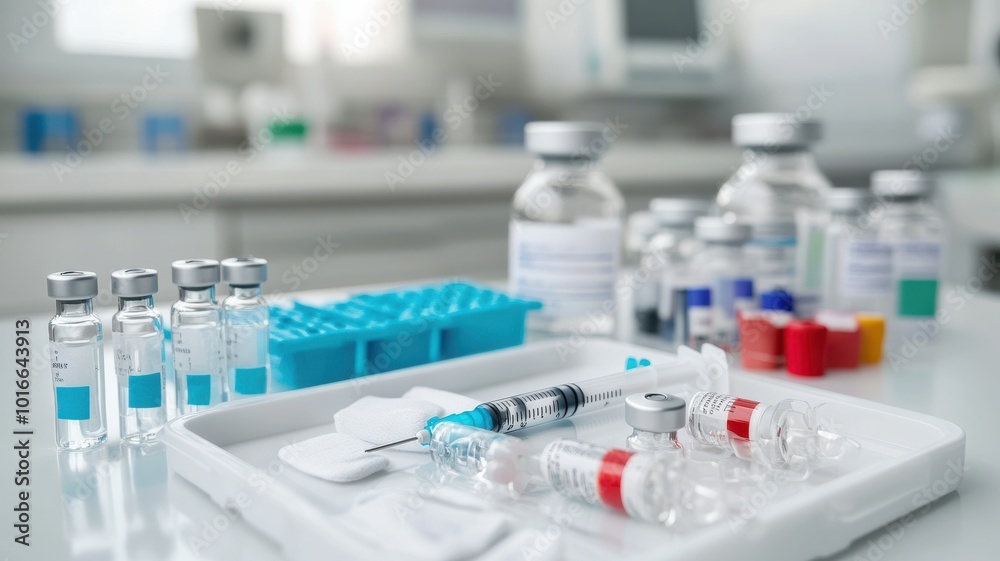 A close-up view of medical equipment, including vials and syringes, in a sterile laboratory setting, ideal for healthcare themes. A close-up view of medical equipment, including vials and syringes, in a sterile laboratory setting, ideal for healthcare themes.