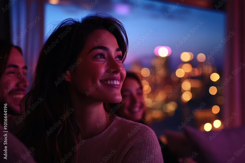 Smiling woman watching TV with friends in the city at night Smiling woman watching TV with friends in the city at night