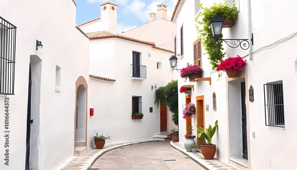 Fototapeta premium A narrow, cobblestone street lined with whitewashed buildings adorned with vibrant flower pots in a charming Mediterranean town