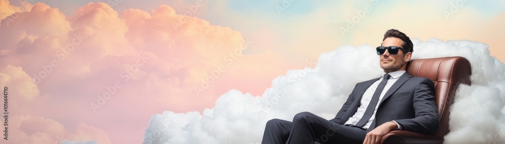 Confident man in suit relaxing in a chair among colorful clouds, embodying leisure and success in a dreamlike atmosphere.
