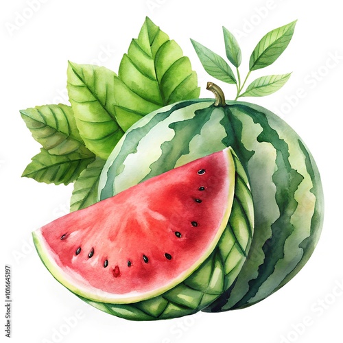 Watercolor hand drawn  watermelon with leaves stems on white background