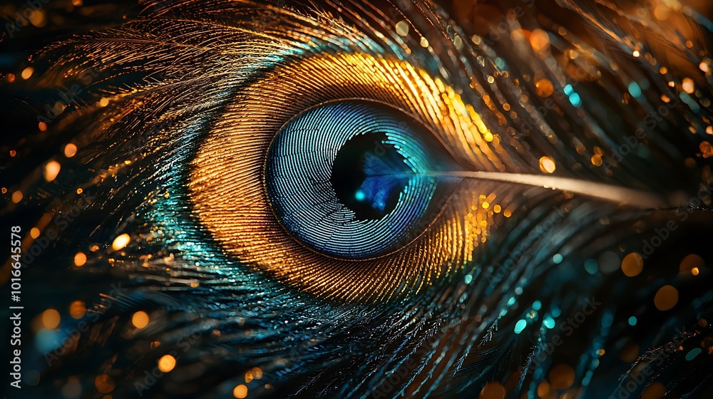 Obraz premium Peacock Feather Closeup Blue Eye Pattern Golden Hues Macro Photography