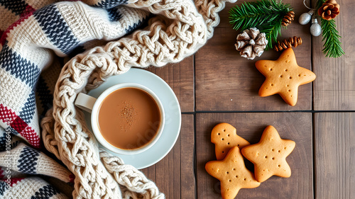 Cup of coffee with christmas cookies and scarf on wooden background