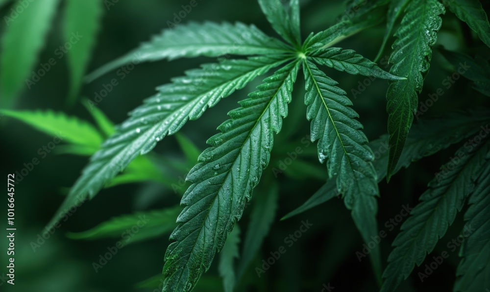 Close-up of a cannabis leaf with dew drops. Close-up of a cannabis leaf with dew drops.