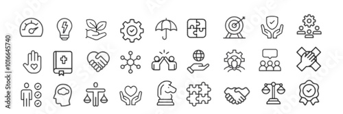 Core Values icon set. Success, quality, innovative, client, business, leadership,