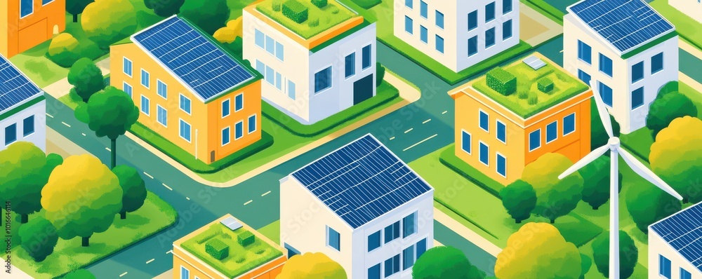 Vibrant aerial view of a modern neighborhood with solar panels, greenery, and colorful buildings, showcasing sustainable living. Vibrant aerial view of a modern neighborhood with solar panels, greenery, and colorful buildings, showcasing sustainable living.