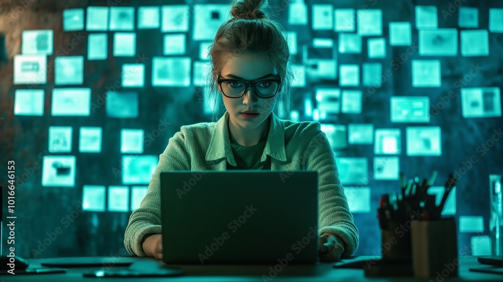 Half-length portrait of a female ethical hacker working in a tech-driven environment Half-length portrait of a female ethical hacker working in a tech-driven environment