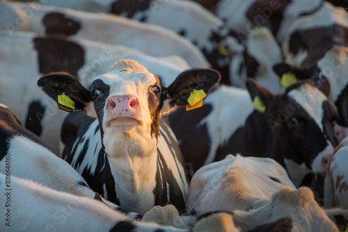 young cow streches head surrounded by other cows photo