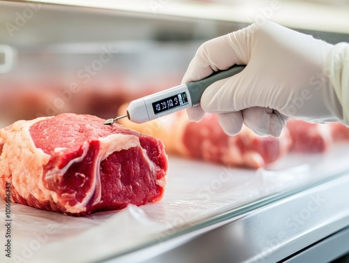 A hand in a glove uses a thermometer to check the temperature of fresh meat in a clean, professional kitchen environment.