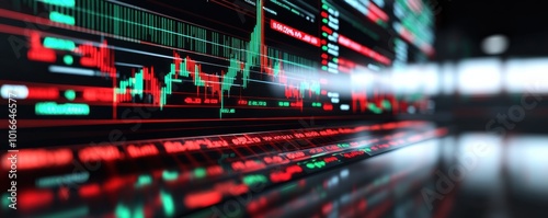 Close-up view of a digital stock market chart displaying price movements, highlighting red and green indicators for analysis.