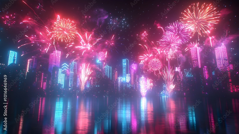 Mesmerizing neon themed New Year 2025 fireworks display with vibrant ...