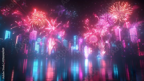 Mesmerizing neon themed New Year 2025 fireworks display with vibrant glowing lights futuristic designs and a dazzling reflection over the cityscape photo