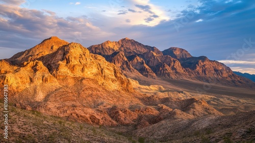 A stunning view of a red mountain range at sunset, with intricate rock textures and dramatic light casting shadows.