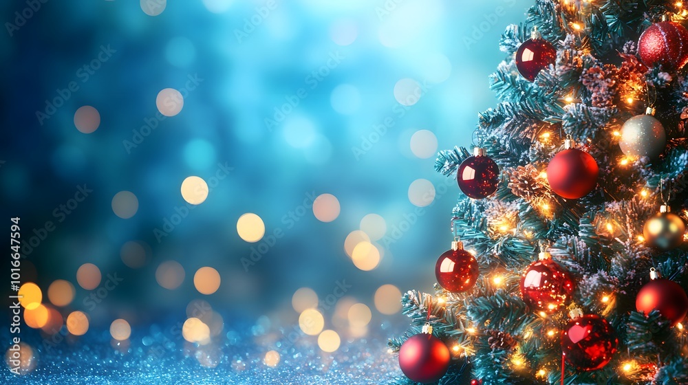 Decorated Christmas Tree with Red Ornaments and Fairy Lights Decorated Christmas Tree with Red Ornaments and Fairy Lights