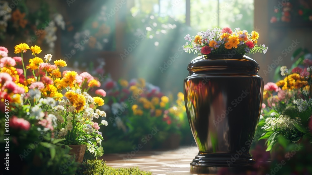 Funeral Urn with Ashes on White Pedestal in Bright Indoor Setting with Colorful Flowers Funeral Urn with Ashes on White Pedestal in Bright Indoor Setting with Colorful Flowers