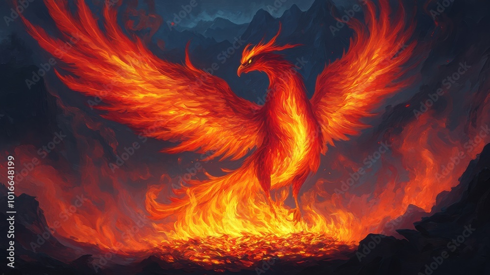 A striking phoenix rises from fiery flames, embodying rebirth and strength against a dramatic backdrop of dark clouds. A striking phoenix rises from fiery flames, embodying rebirth and strength against a dramatic backdrop of dark clouds.