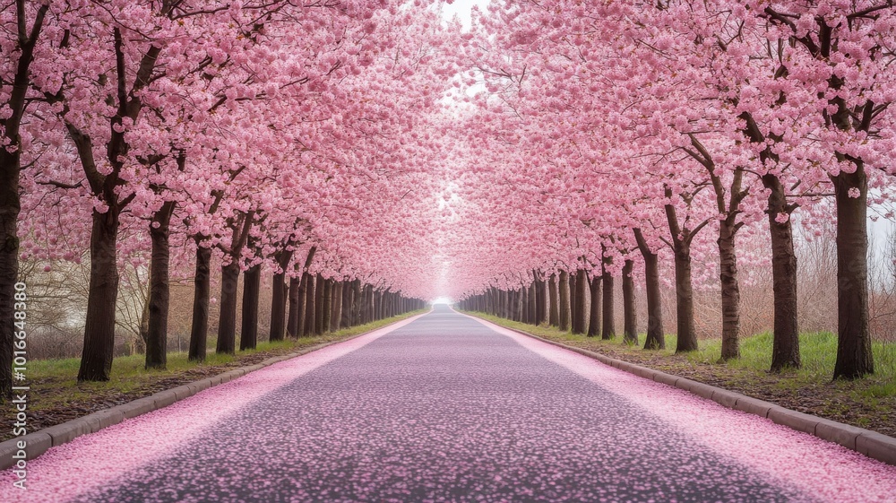 Naklejka premium Enchanting cherry blossom avenue with pink trees lining a serene path, inviting tranquility and beauty in springtime.