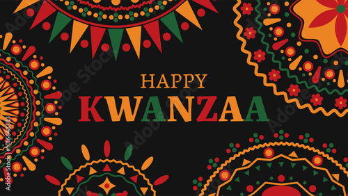 Happy kwanzaa banner with abstract ornament celebrating annual holiday. Vector illustration.