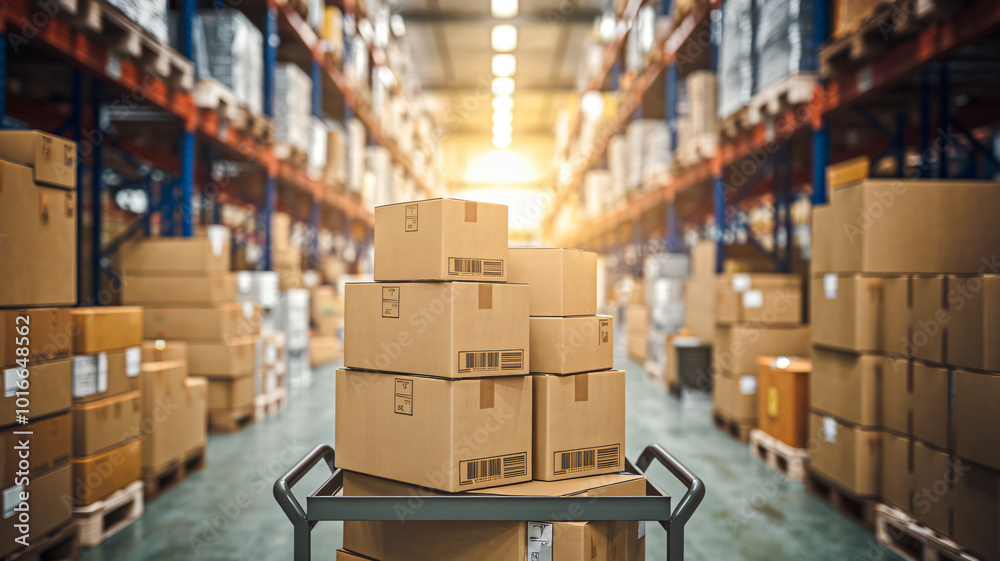 Warehouse or storage and shelves with cardboard boxes. Industrial background.