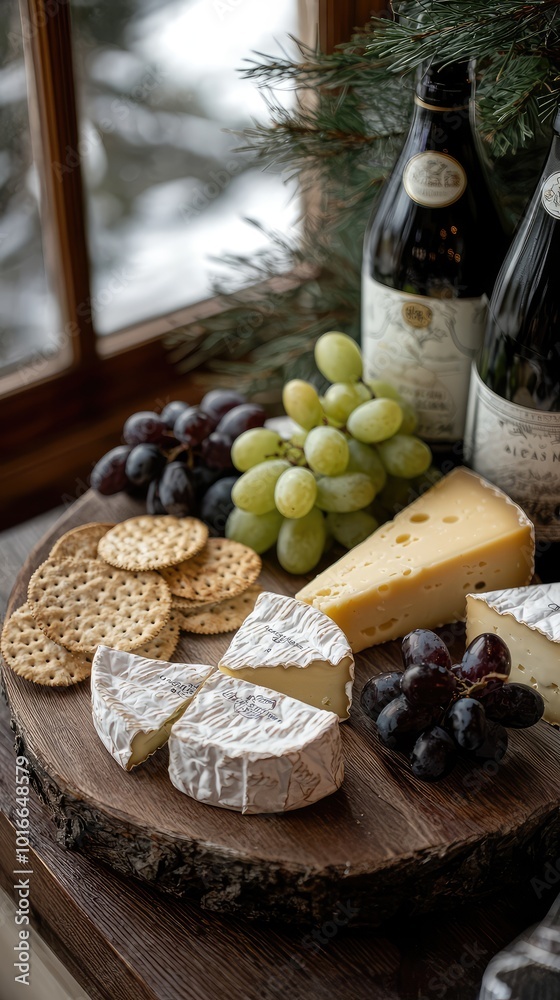 A rustic cheese platter featuring assorted cheeses, crackers, grapes, and wine bottles, perfect for gatherings or festive occasions. A rustic cheese platter featuring assorted cheeses, crackers, grapes, and wine bottles, perfect for gatherings or festive occasions.