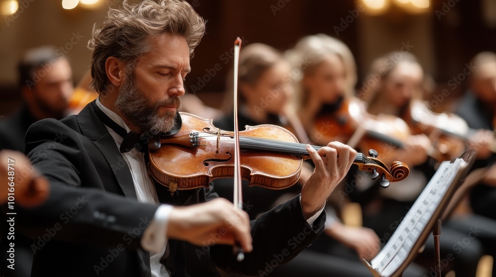 Fototapeta premium A skilled violinist performs passionately in an elegant concert setting, focusing intently on the music. The background of fellow musicians enrich the harmonious scene.