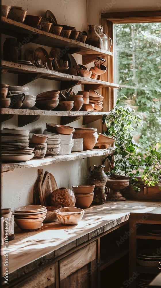 A rustic kitchen with wooden shelves filled with handmade pottery and plants, creating a warm and inviting atmosphere. A rustic kitchen with wooden shelves filled with handmade pottery and plants, creating a warm and inviting atmosphere.