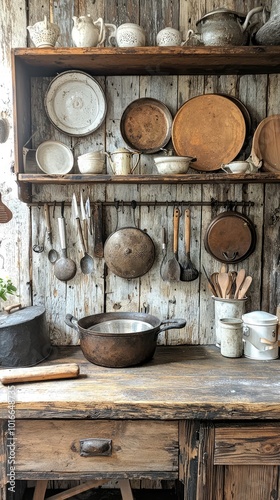 A rustic kitchen scene showcasing wooden utensils, pots, and plates arranged on a wooden shelf for a cozy culinary atmosphere.