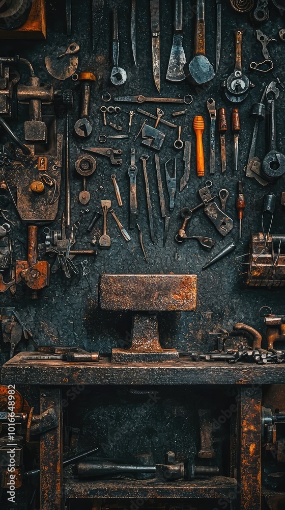 A rustic workshop scene featuring an array of vintage tools meticulously arranged on a dark wall, showcasing craftsmanship and history. A rustic workshop scene featuring an array of vintage tools meticulously arranged on a dark wall, showcasing craftsmanship and history.