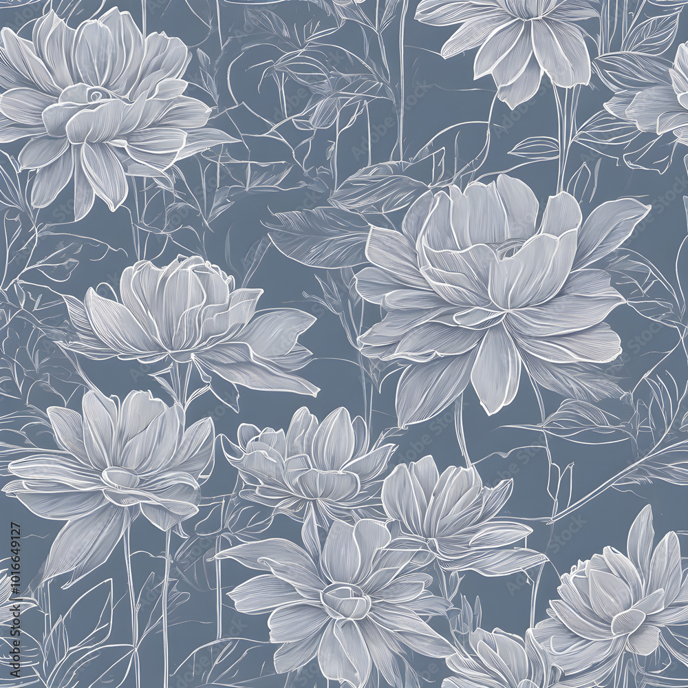 Simplified rose and daisy motifs, drawn in a minimalist style, placed in a balanced grid on a soft, faded denim-blue background - Generative AI Simplified rose and daisy motifs, drawn in a minimalist style, placed in a balanced grid on a soft, faded denim-blue background - Generative AI