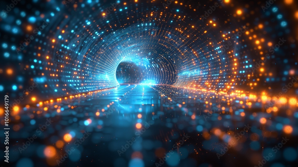 Obraz premium Futuristic Digital Tunnel with Glowing Blue and Orange Lights - High-Tech Sci-Fi Background