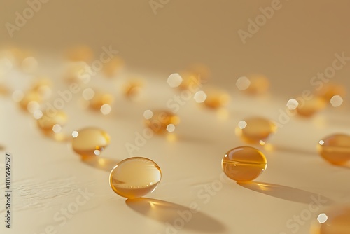 A close-up of translucent, golden capsules scattered on a light surface, showcasing their smooth texture and reflective qualities. photo