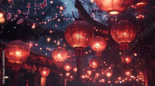 A stunning view of red lanterns floating in the night sky during a celebration, with intricate details and soft glowing light.