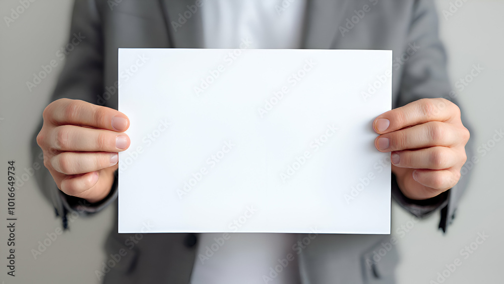 A person in a grey suit holds a blank white paper card in front of them with both hands. The card is in focus, while the person's body is out of focus. A person in a grey suit holds a blank white paper card in front of them with both hands. The card is in focus, while the person's body is out of focus.