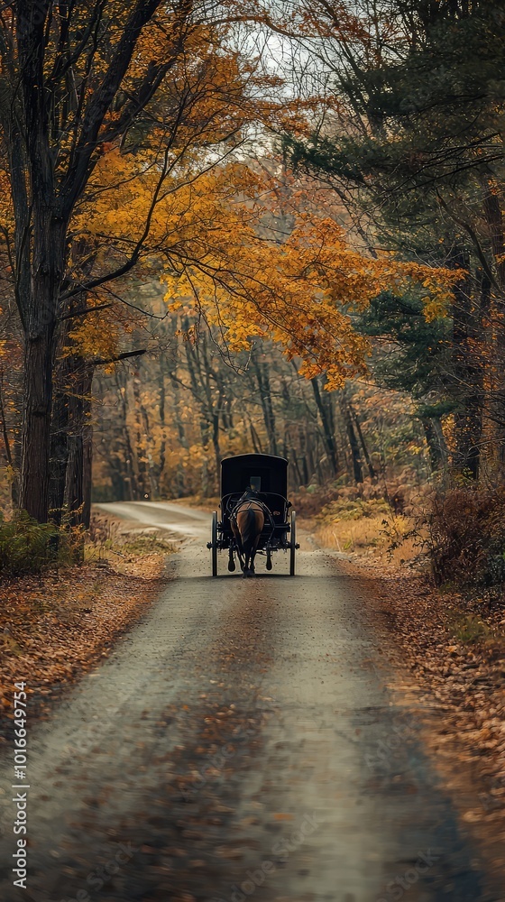 A serene autumn scene featuring a horse-drawn carriage on a winding road surrounded by colorful fall foliage. A serene autumn scene featuring a horse-drawn carriage on a winding road surrounded by colorful fall foliage.