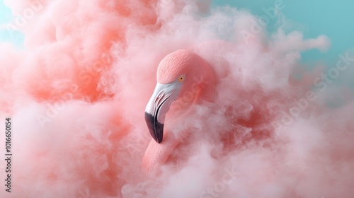 A serene flamingo emerges from soft pastel clouds, accentuating its beauty and elegance, set against a backdrop that evokes tranquility and wonder. photo