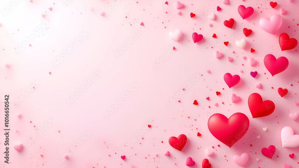 A pink background with scattered small red and pink hearts and larger heart-shaped balloons of the same colors.