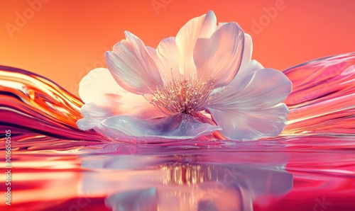 A delicate white flower floats on a rippling surface of pink and orange liquid, creating a visually stunning abstract scene.